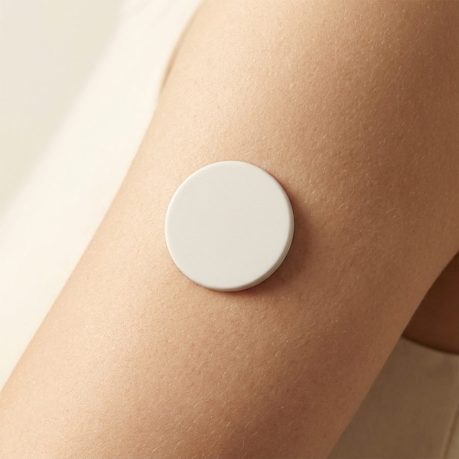 Close-up of the small circular biosensor adhered to the back of an upper arm